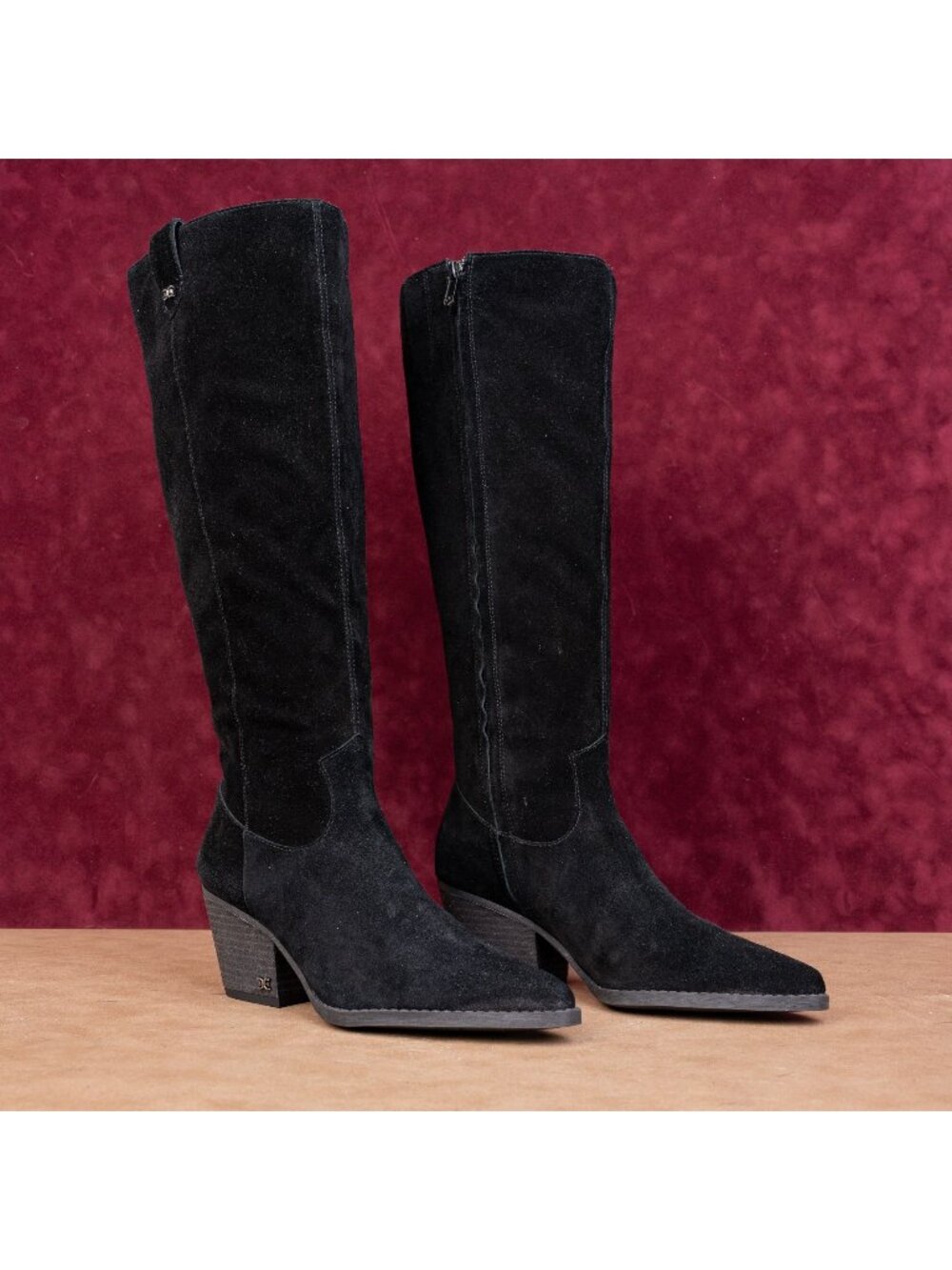 Sam Edelman Women Woods Black Suede Wide Calf Western Cowboy Boots sz 7.5